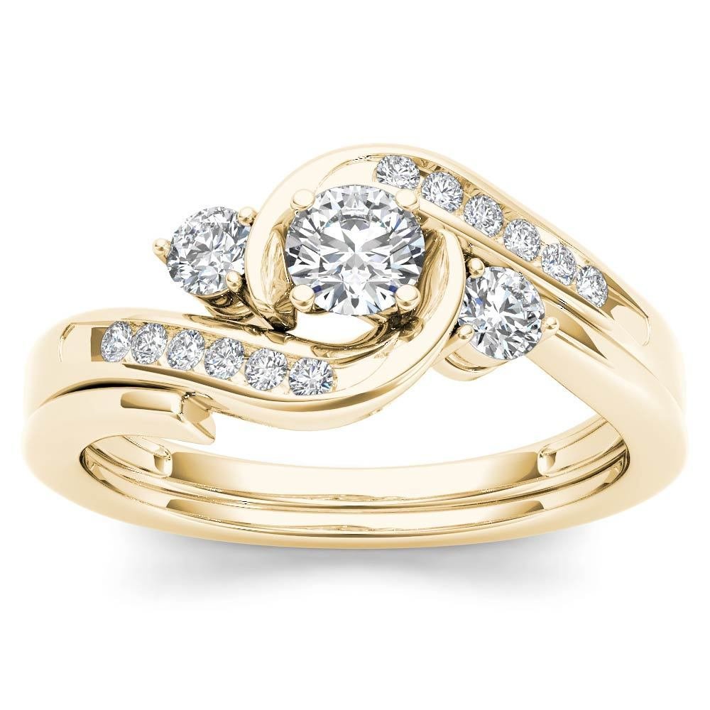 10k Yellow Gold 0.50Ct Natural Round Cut Diamond Three Stone Engagement Ring Set