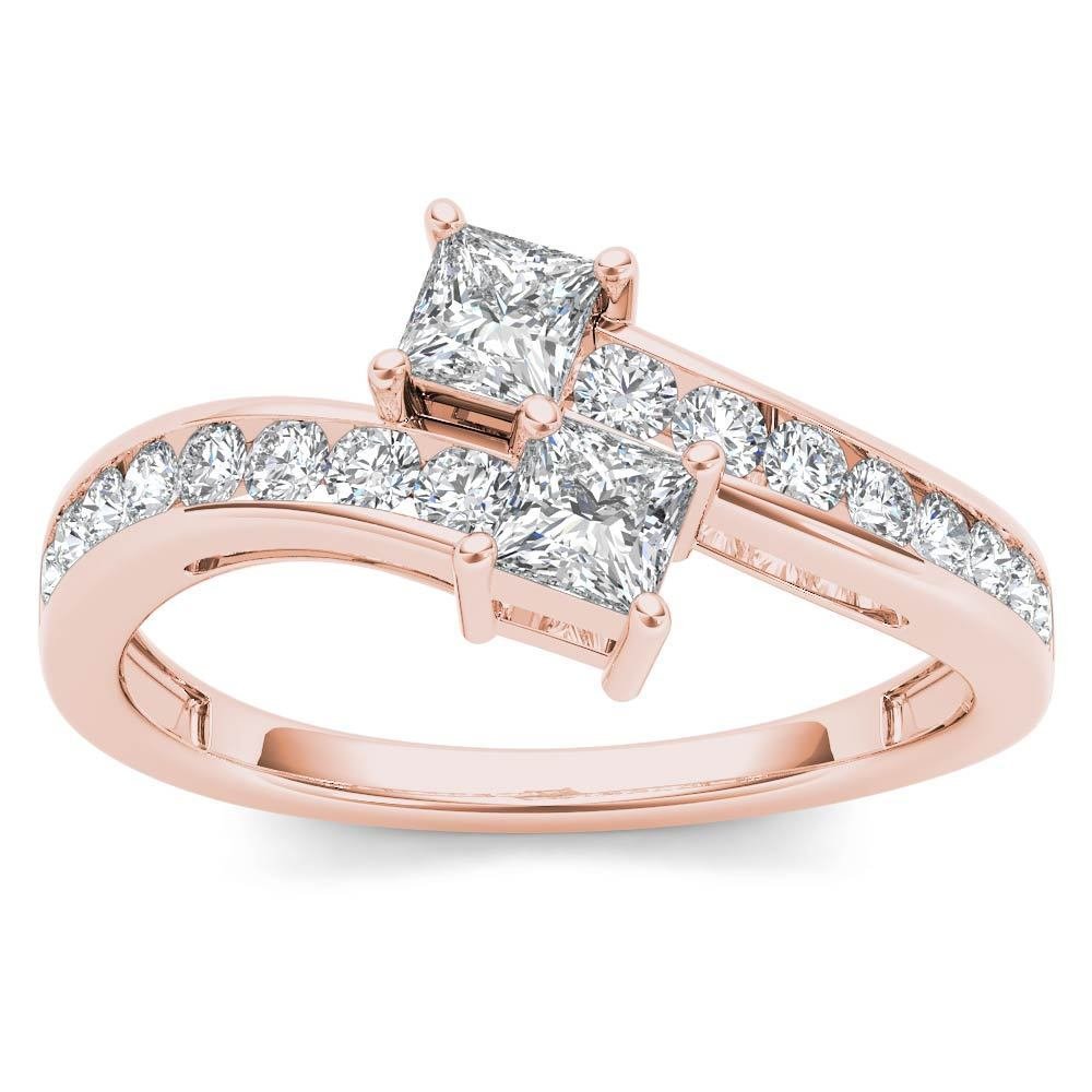 Solid 14K Rose Gold 1.00 Ct Princess Cut Diamond Two Stone Engagement Ring
