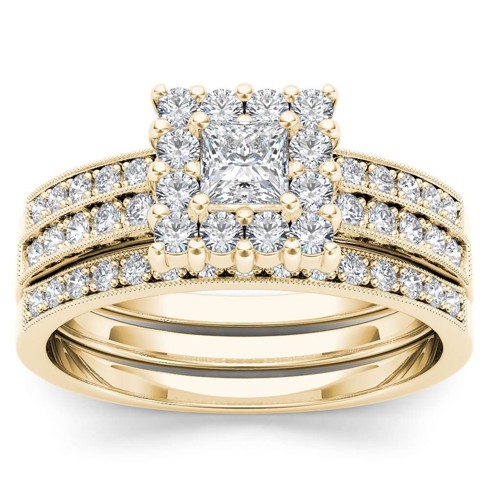 14k Yellow Gold 0.87 Ct Princess Cut Diamond Halo Engagement Ring Set HI I2