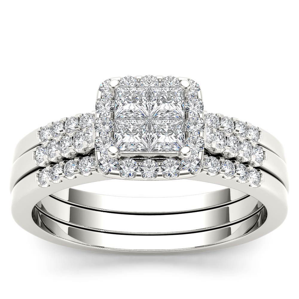 14k White Gold 0.75 Ct Princess Cut Diamond Halo Engagement Ring Set HI I2 Size