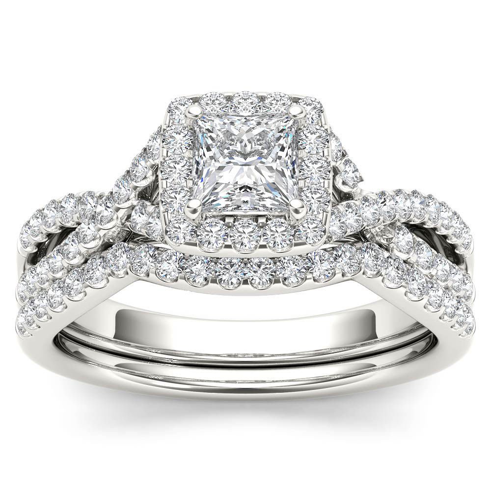 14k White Gold 1.00 Ct Princess Cut Diamond Halo Engagement Ring Set HI I2