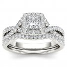 14k White Gold 1.00 Ct Princess Cut Diamond Halo Engagement Ring Set HI I2