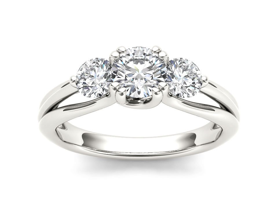 Genuine 14K White Gold 1 Ct Round Cut Diamond Three Stone Engagement Ring HI I2