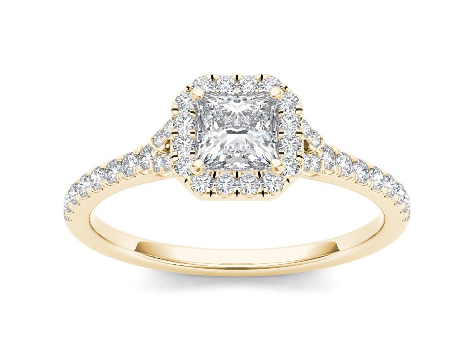 14K Yellow Gold 0.75 Ct Natural Princess Cut Diamond Halo Engagement Ring HI I2