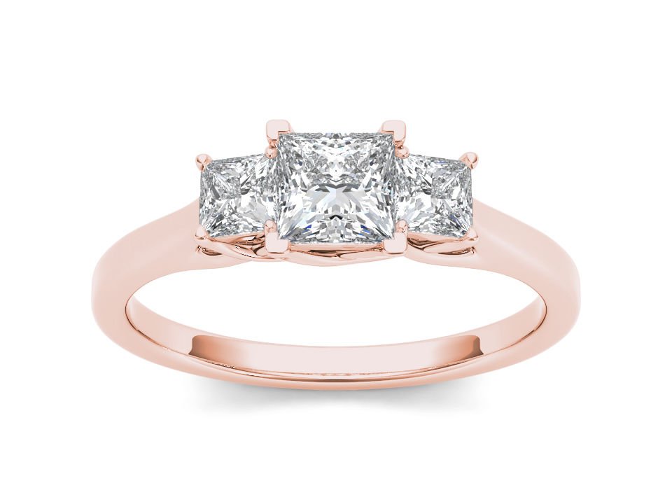 14K  Rose Gold 1.00 Ct Natural Princess-Cut Diamond Three Stone Engagement Ring