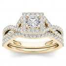 Solid 14k Yellow Gold 1.00 Ct Round Cut Diamond Halo Engagement Ring Set HI I2