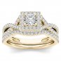 Solid 14k Yellow Gold 1.00 Ct Round Cut Diamond Halo Engagement Ring Set HI I2
