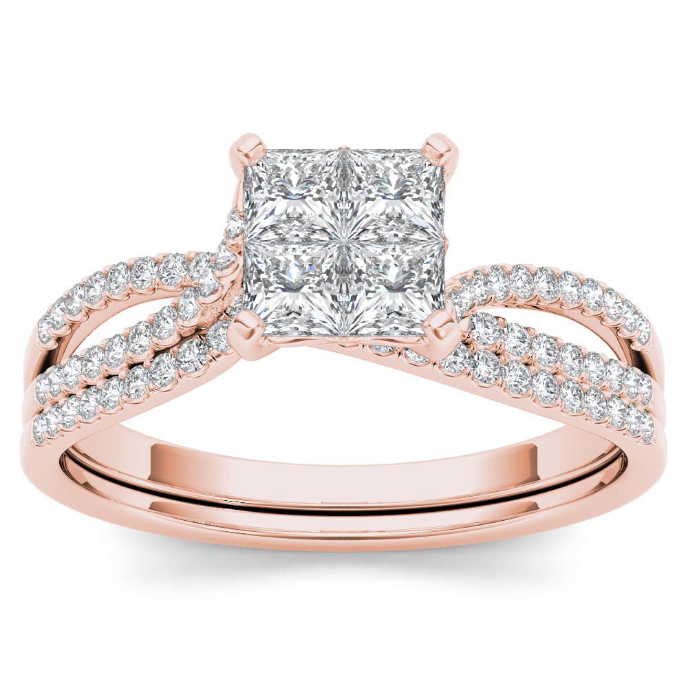 14k Rose Gold 0.75 Ct Princess Cut Natural Diamond Engagement Ring Set HI