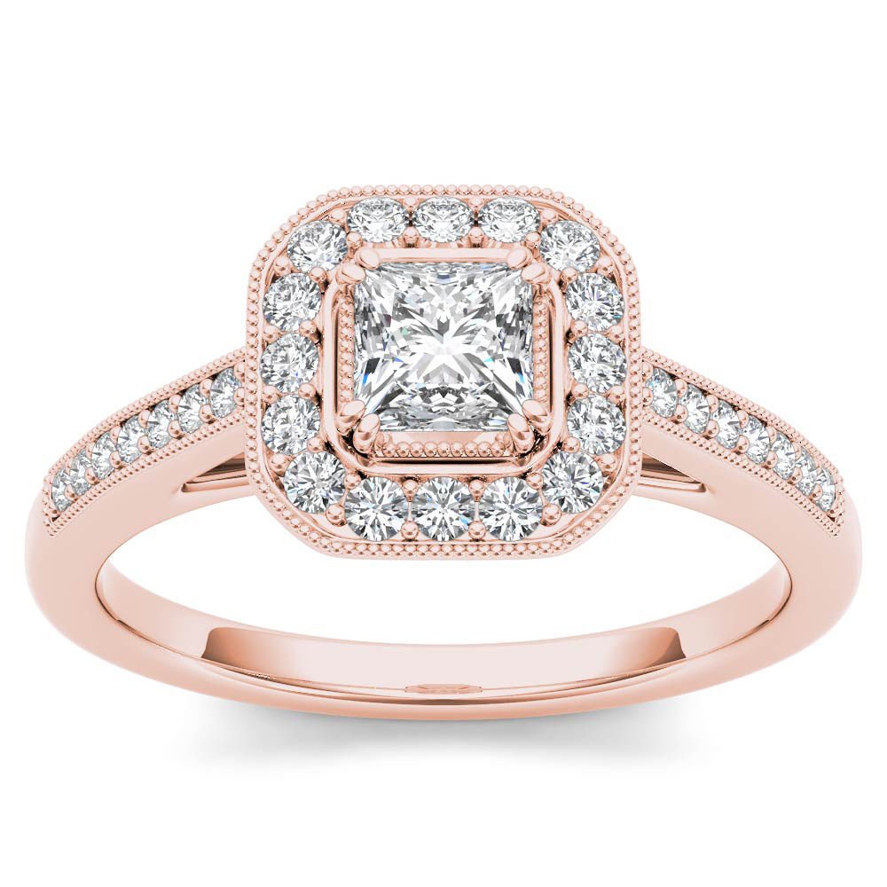 14k Rose Gold 0.50 Ct Princess Cut Diamond Halo Engagement Ring HI I2 Size 7