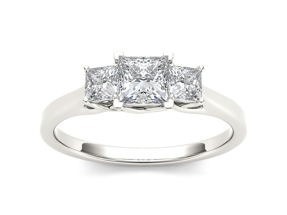 14K White Gold 1.00 Ct Natural Princess-Cut Diamond Three Stone Engagement Ring