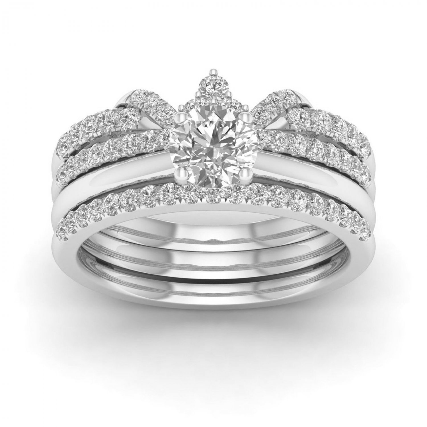 14k White Gold 1 Ct Round Cut Diamond Crowned Bridal Ring Set I-J I2
