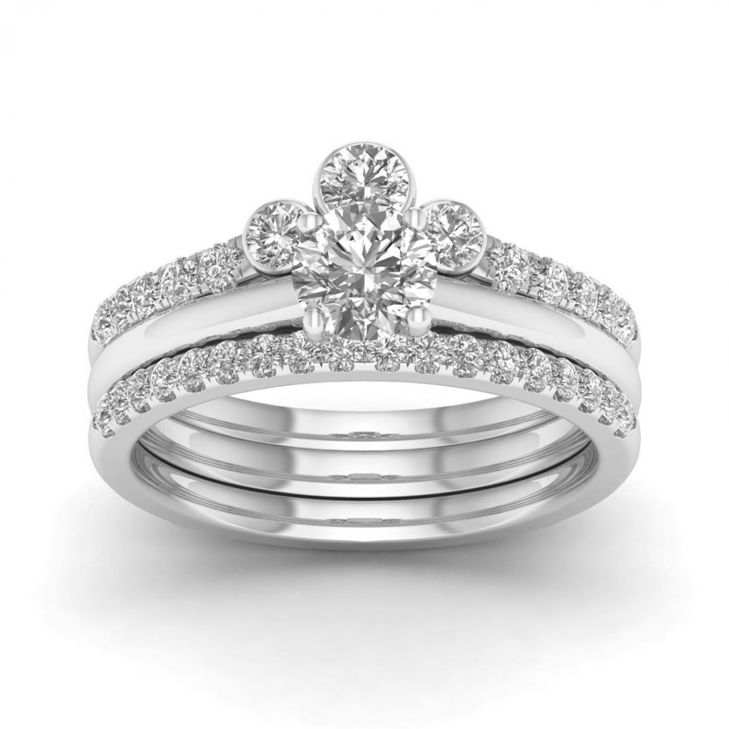 14k White Gold 1 Ct Round Cut Diamond Crown Style Bridal Ring Set I-J I2