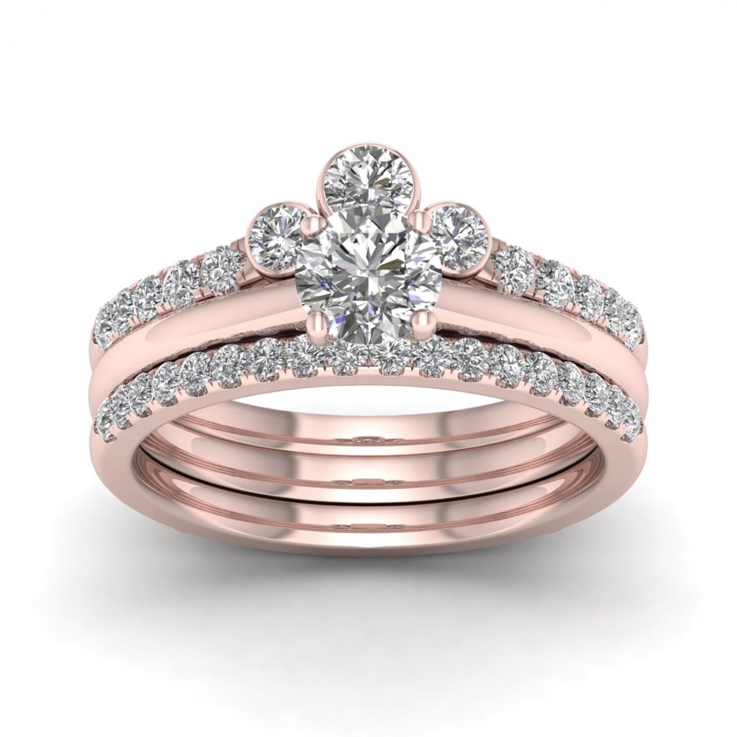14k Rose Gold 1 Ct Round Cut Diamond Crown Style Bridal Ring Set I-J I2