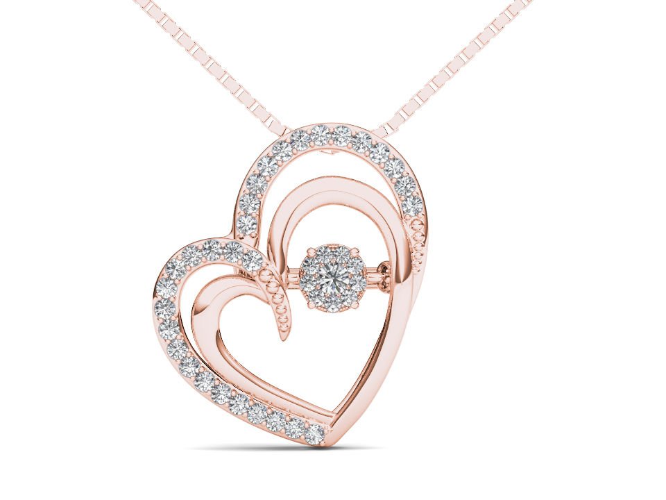 10k Rose Gold 0.15 Ct Round Cut Diamond Dual Heart Beat Pendant Necklace HI I2