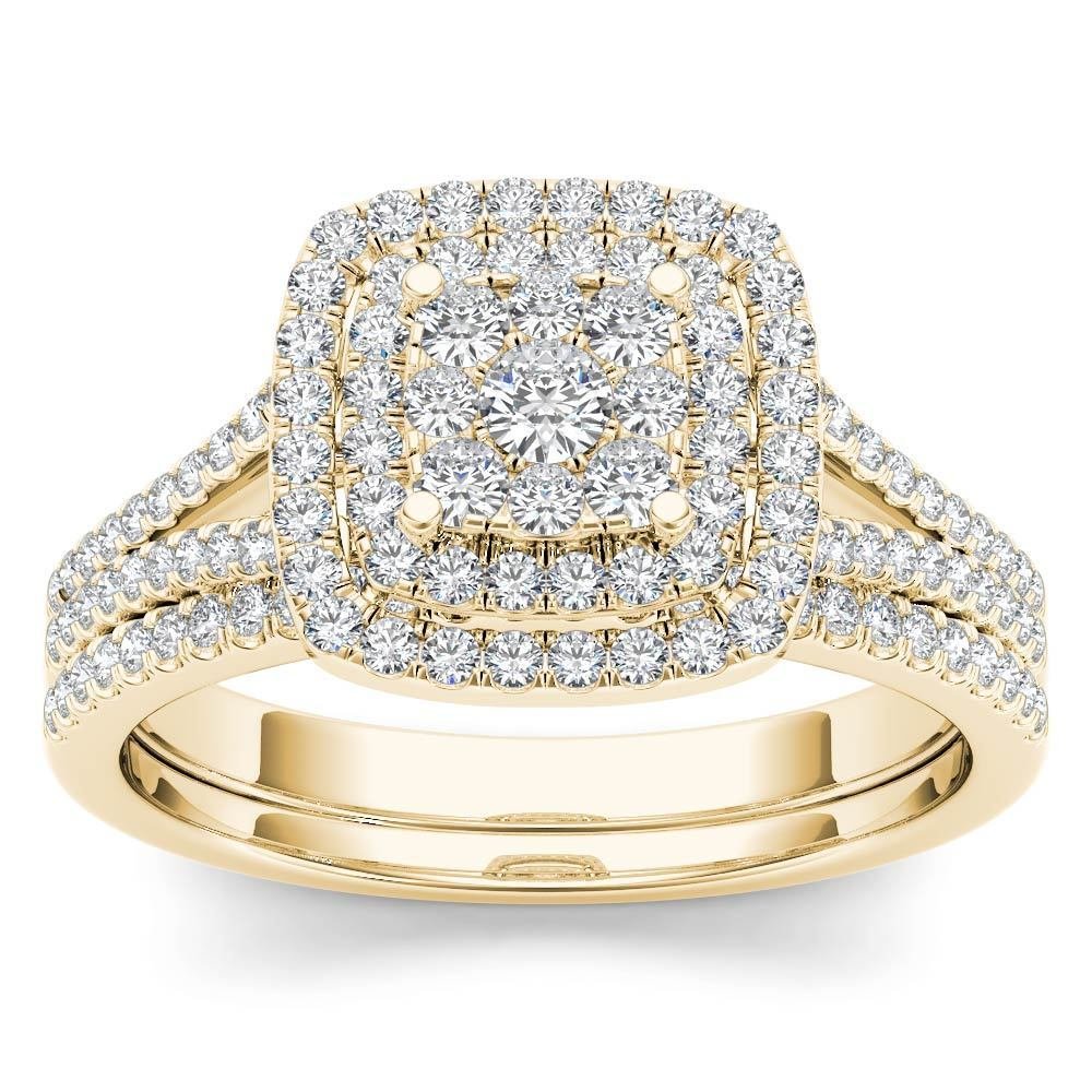 14k Yellow Gold 0.50Ct Natural Diamond Cushion Shaped Halo Engagement Ring Set