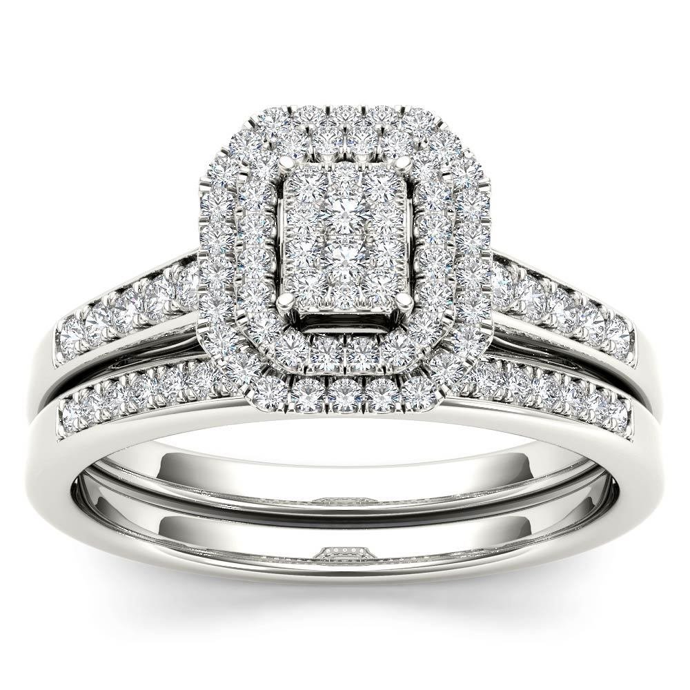 14k White Gold 0.33Ct Natural Diamond Halo Engagement Ring Set HI,I2