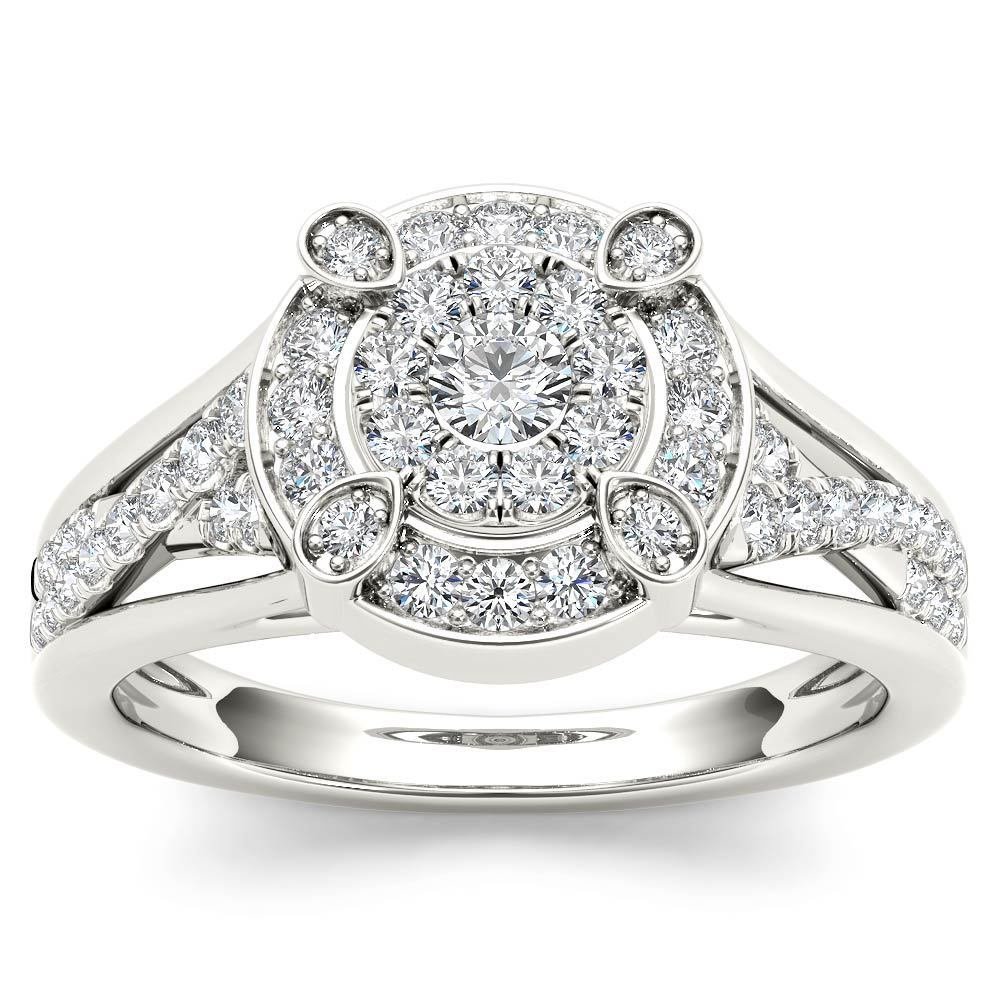 Natural 10k White Gold 0.50Ct Round Diamond Cluster Halo Engagement Ring Set HI
