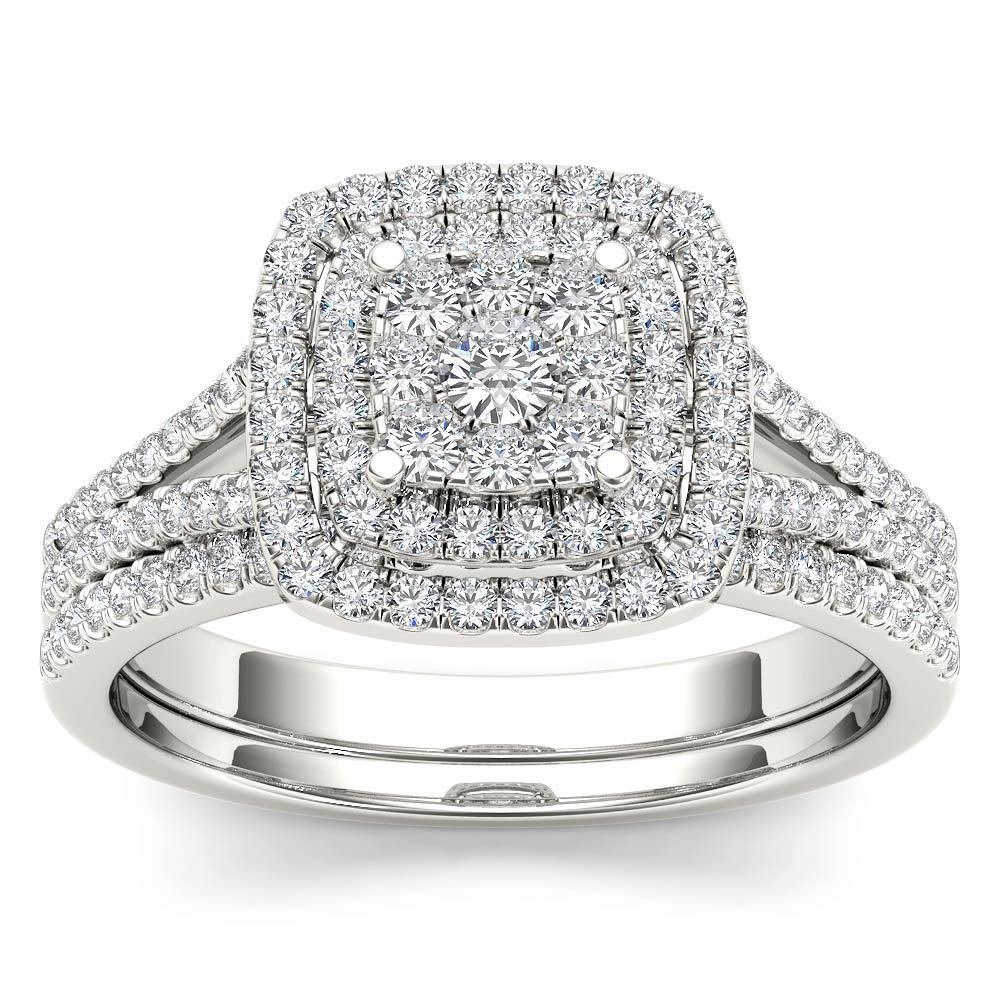 14k White Gold 0.50Ct Natural Diamond Cushion Shaped Halo Engagement Ring Set