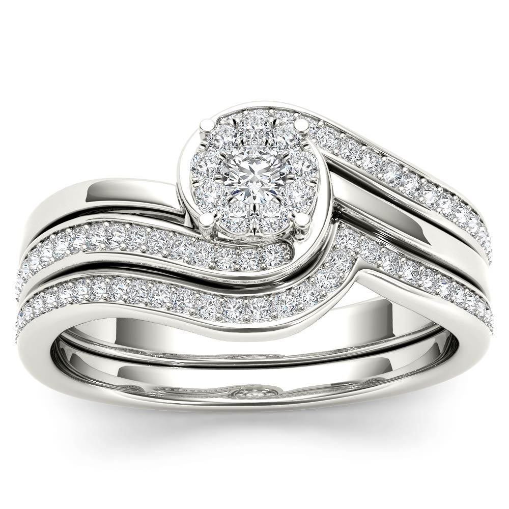 10k White Gold 0.50 Ct Natural Round Cut Diamond Halo Engagement Ring Set HI I2