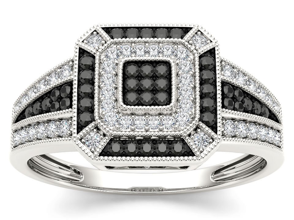 Solid 10k White Gold 0.12 Black And White Diamond Fashion Engagement Ring HI I2