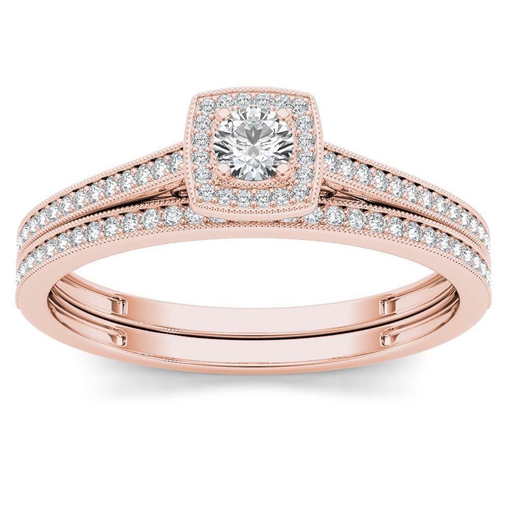10k Rose Gold 0.33 Ct Natural Round Cut Diamond Halo Engagement Ring Set HI I2