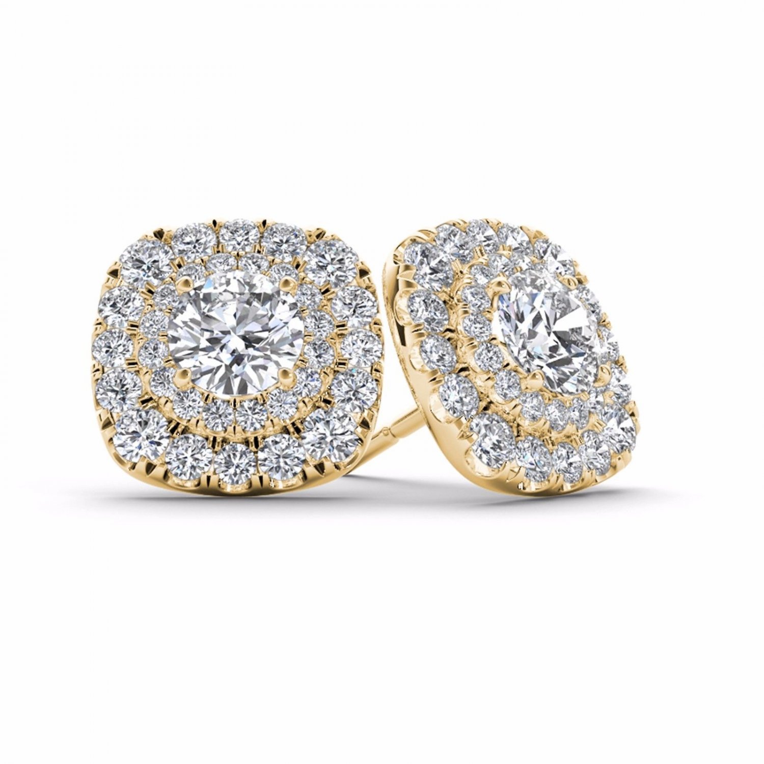 1.00 Ct Natural Round Cut Diamond Double Halo Stud Earrings in 10k Yellow Gold