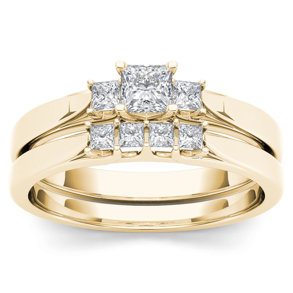 14k Yellow Gold 0.50Ct Princess Cut Diamond Three Stone Engagement Ring Set HI I