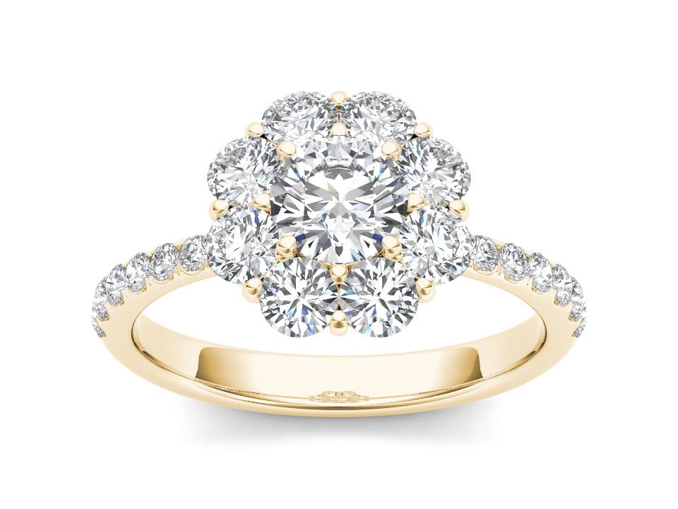 Real 14k Yellow Gold 1.75 Ct Round Cut Diamond Flower Shaped HaloEngagement Ring