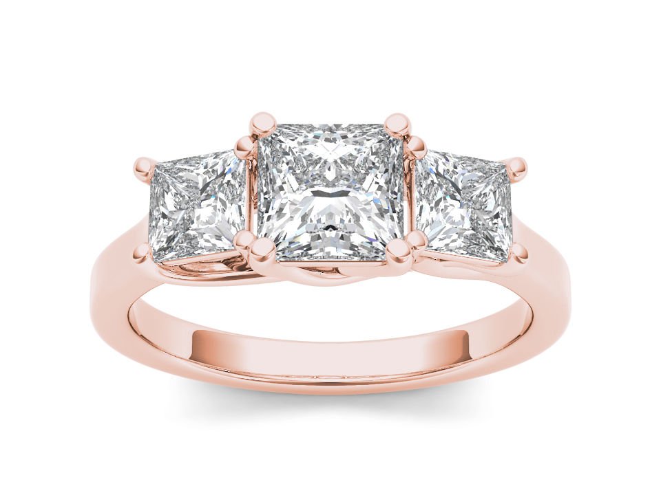 Genuine 14K Rose Gold 2.00 Ct Princess Cut Diamond Three Stone Engagement Ring