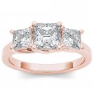 Genuine 14K Rose Gold 2.00 Ct Princess Cut Diamond Three Stone Engagement Ring