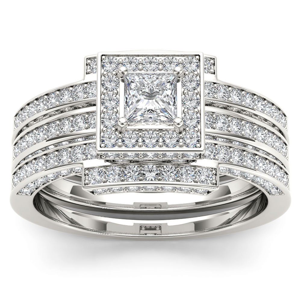 Solid 14k White Gold 1.46 Diamond Halo Double Band Engagement Ring Set HI I2