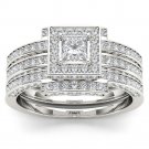 Solid 14k White Gold 1.46 Diamond Halo Double Band Engagement Ring Set HI I2