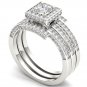 Solid 14k White Gold 1.46 Diamond Halo Double Band Engagement Ring Set HI I2