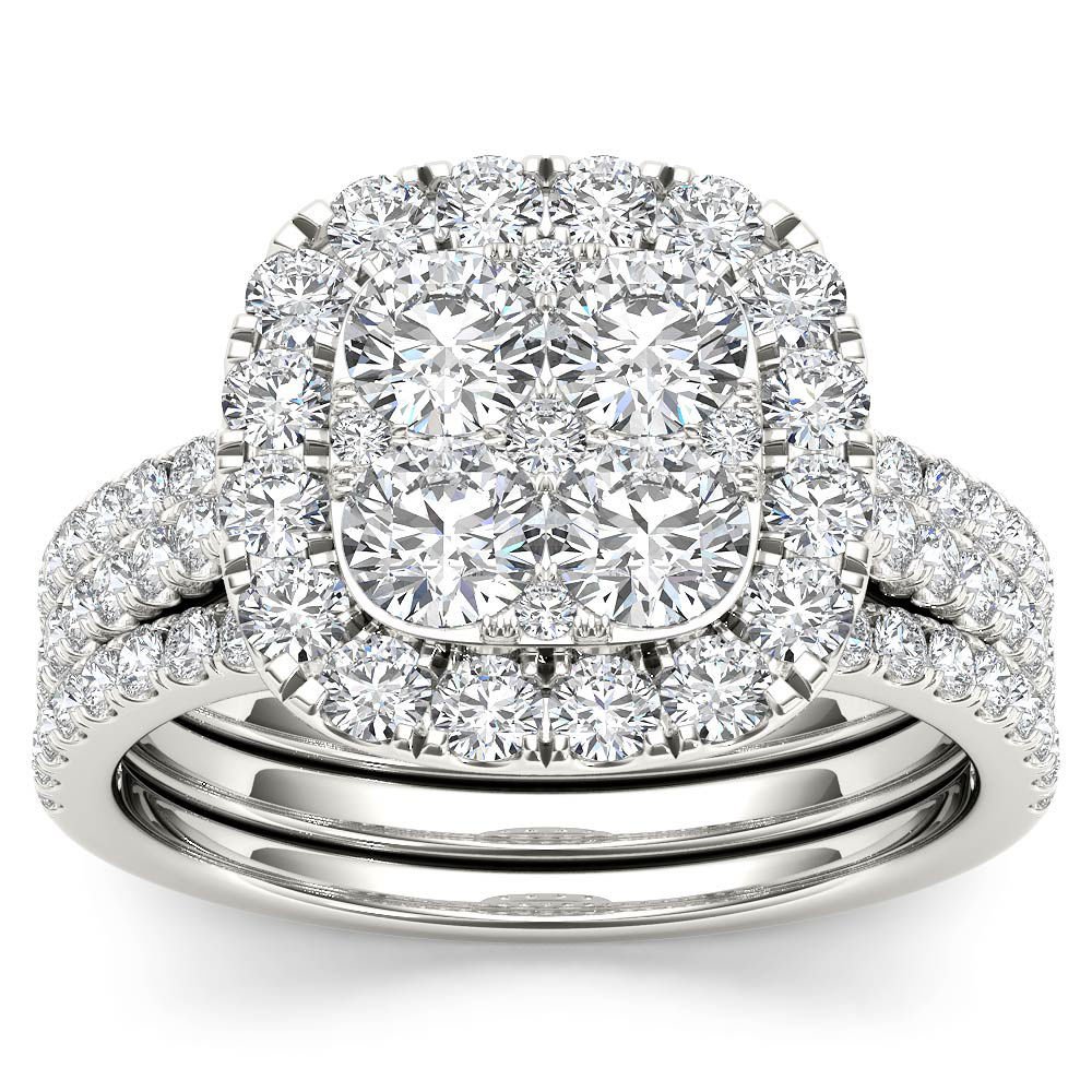 14k White Gold 2.00 Ct Round Cut Diamond Halo Two Bands Engagement Ring Set HI