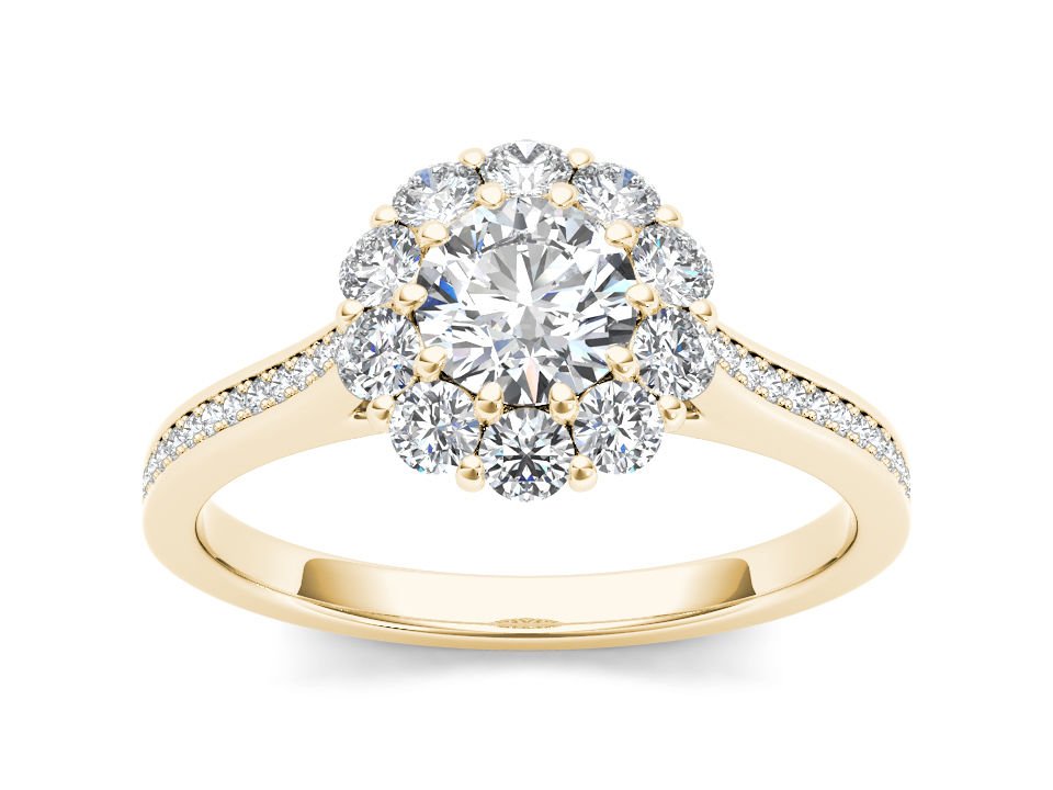 Real 14k Yellow Gold 1.25Ct Round Cut Diamond Flower Shaped Halo Engagement Ring