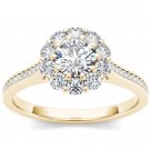 Real 14k Yellow Gold 1.25Ct Round Cut Diamond Flower Shaped Halo Engagement Ring