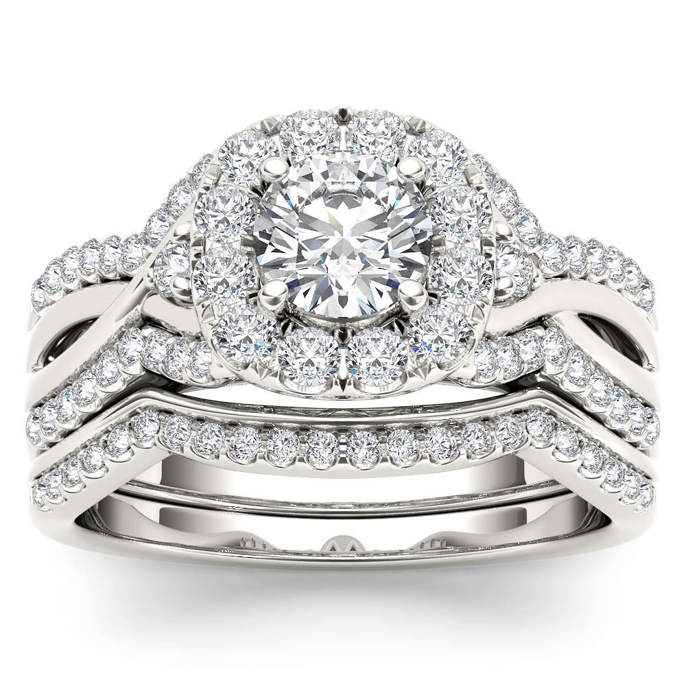 14k White Gold 1.22 Ct Diamond Criss Cross Halo Engagement Ring Set HI I2