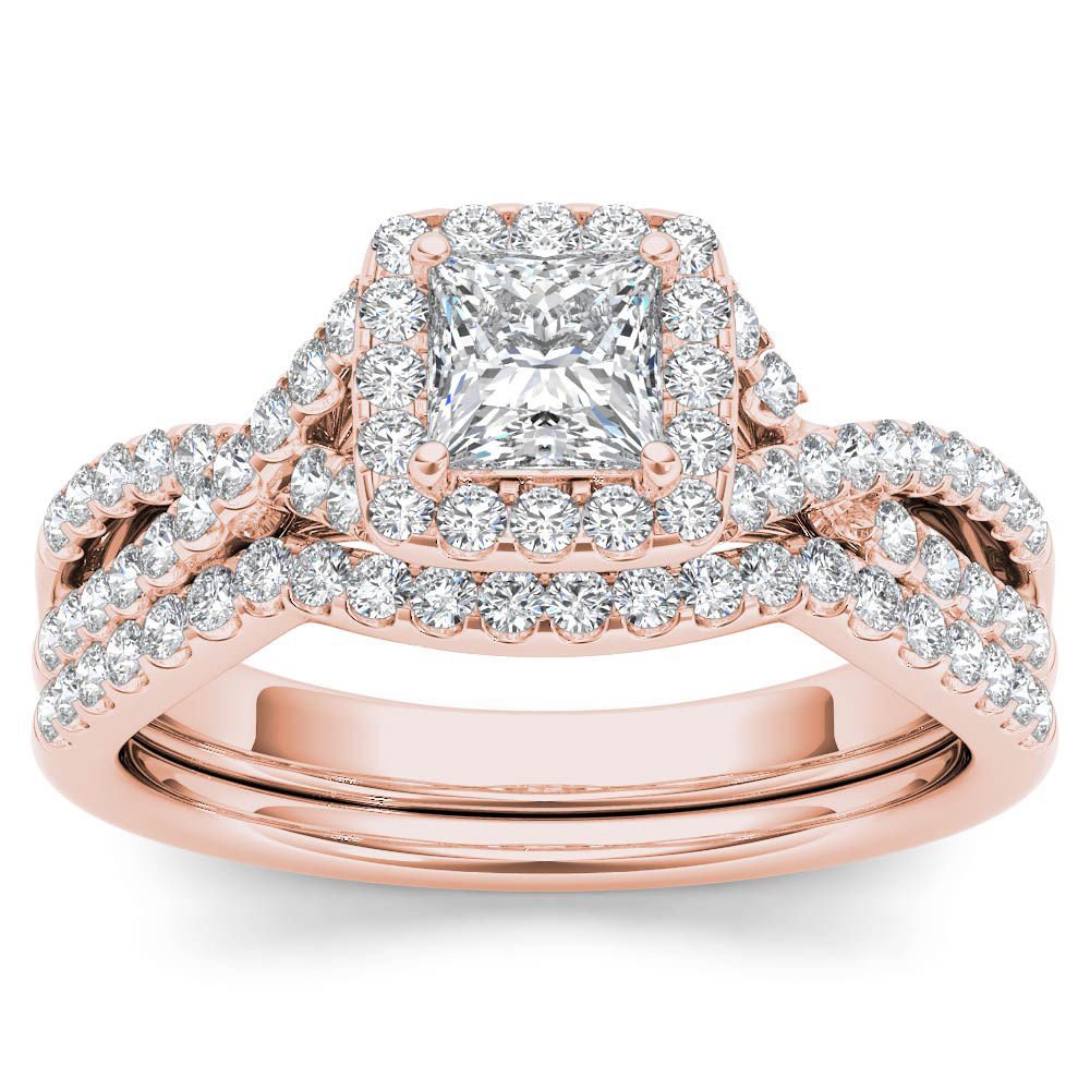 14k Rose Gold 1.00 Ct Princess Cut Diamond Halo Engagement Ring Set HI I2 Size