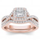 14k Rose Gold 1.00 Ct Princess Cut Diamond Halo Engagement Ring Set HI I2 Size