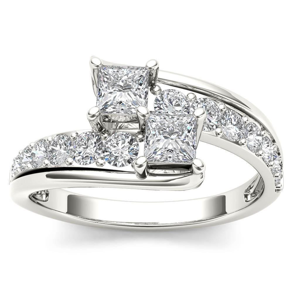 Genuine 14K White Gold 1.00 Ct Princess Cut Diamond Two Stone Engagement Ring