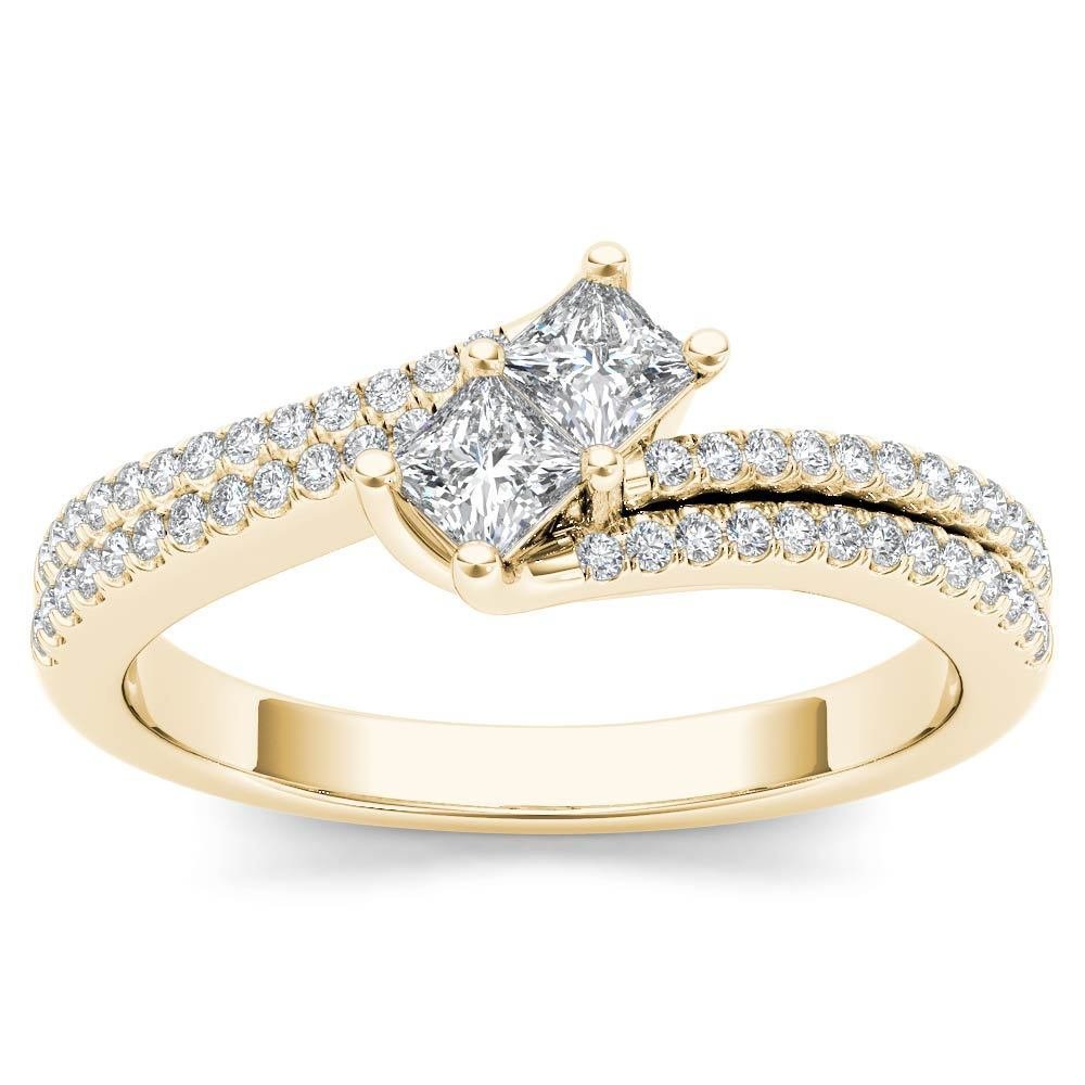 Genuine 14K Yellow Gold 0.50 Ct Princess Cut Diamond Two Stone Engagement Ring