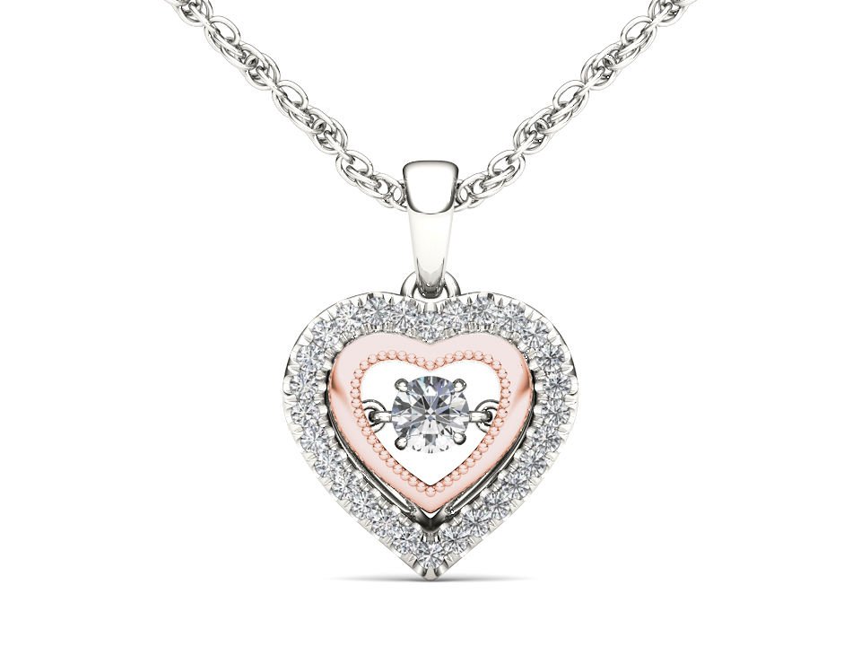 10k Pink Two-Tone White Gold 0.33 Ct Round Diamond Heart Pendant Necklace HI I2