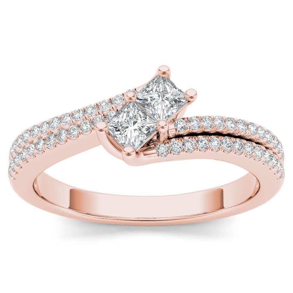 Genuine 14K Rose Gold 0.50 Ct Princess Cut Diamond Two Stone Engagement Ring