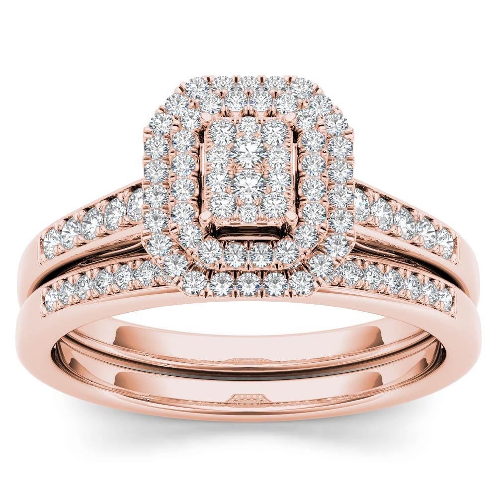 14k Rose Gold 0.33Ct Natural Diamond Halo Engagement Ring Set HI,I2