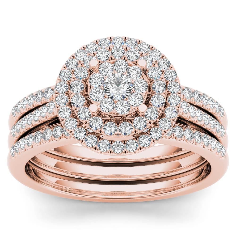 14K Rose Gold 0.50 Ct Natural Round Cut Diamond Halo Engagament Ring Set