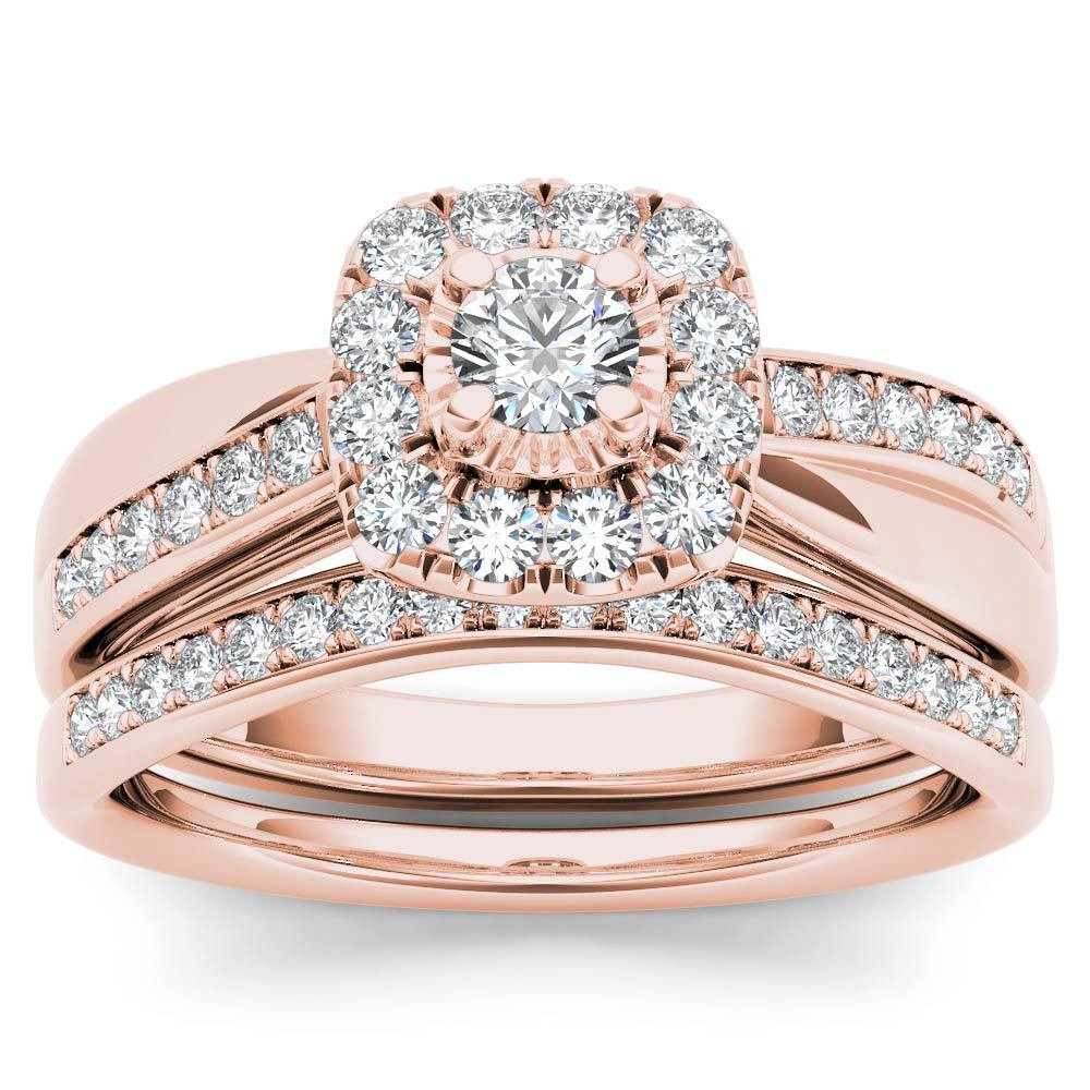 Solid 14k Rose Gold 0.62Ct Diamond Round Shaped Cluster Halo Engagement Ring Set