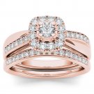 Solid 14k Rose Gold 0.62Ct Diamond Round Shaped Cluster Halo Engagement Ring Set