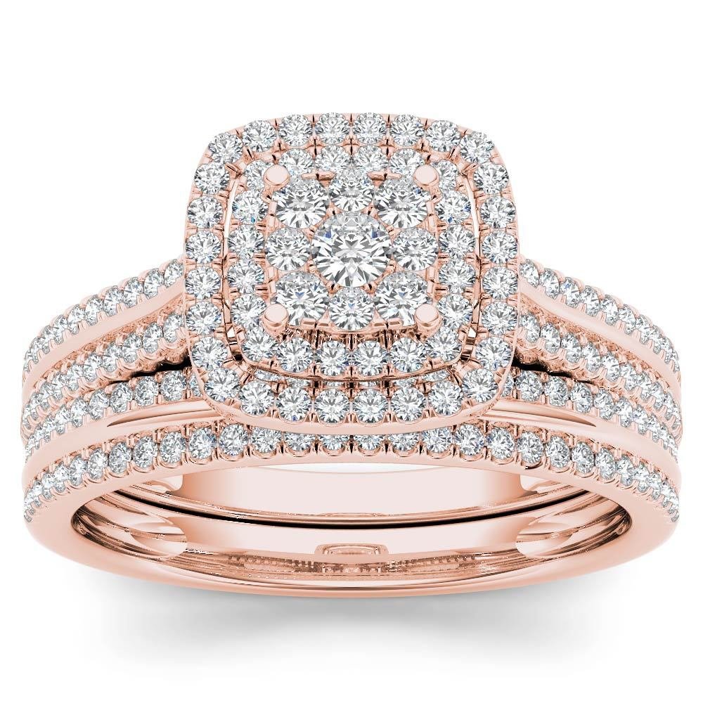 14k Rose Gold 0.50Ct Natural Diamond Cushion Shaped Halo Engagement Ring Set HI