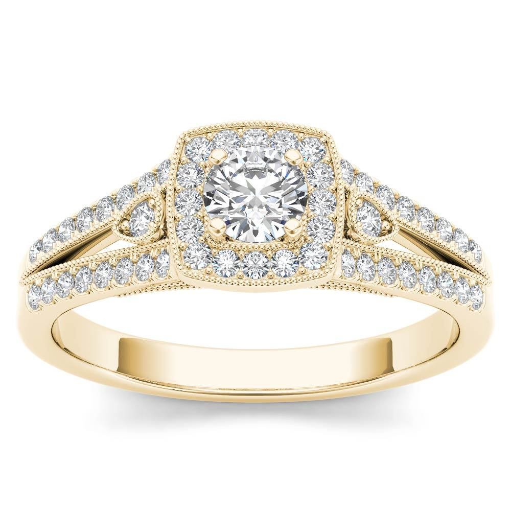 14k Yellow Gold 0.51Ct Natural Diamond Round Stone Halo Engagement Ring Set HI
