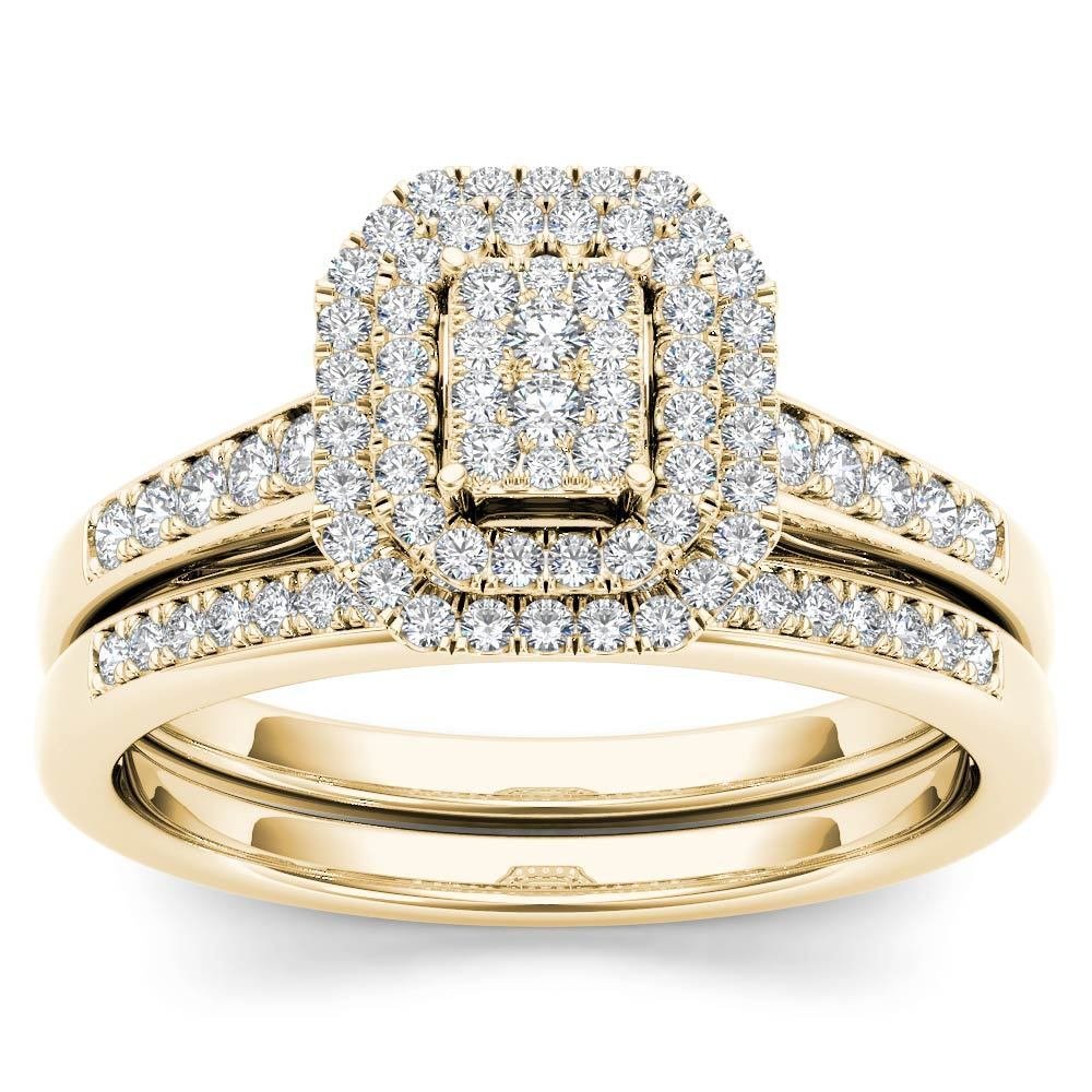 14k Yellow Gold 0.33Ct Natural Diamond Halo Engagement Ring Set HI,I2